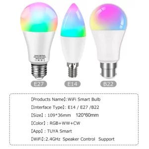 Tuya Smart WiFi Bulb Alexa Lamp Alice Voice Control E27 18W 12W 15W 10W B22 E14 5W 7W 9W Lampara LED Inteligente for Home Room
